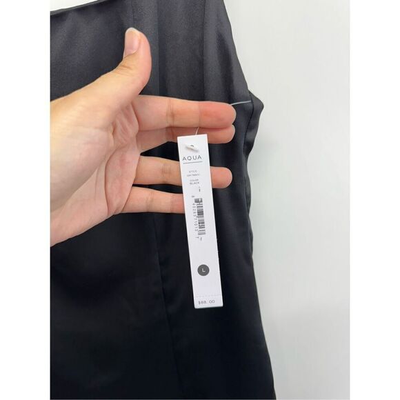 AQUA Mini Satin Dress Size Large Black‎ Square Neck Sleeves Exclusive NWT - Picture 7 of 13
